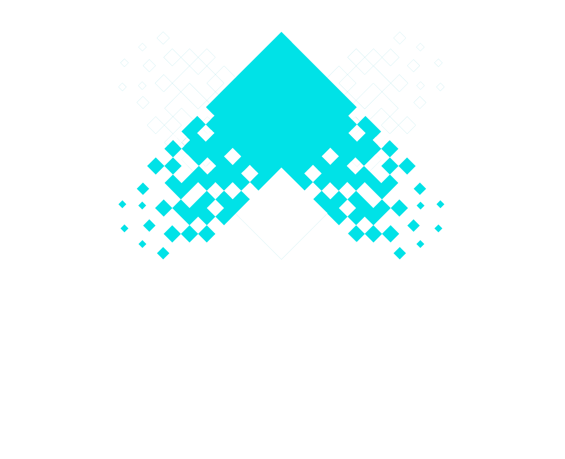 A teal-colored arrow pointing upward, designed with a pixelated, dissolving effect on its edges against a white background.