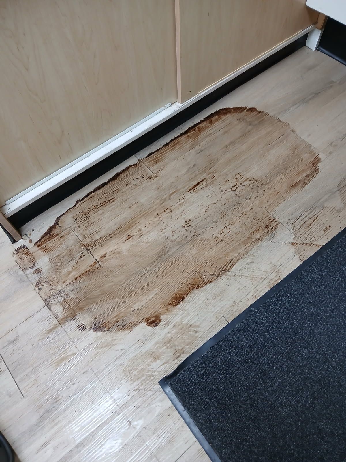 A large, dark brown spill on a light-colored wood floor next to a kitchen cabinet and a dark floor mat.