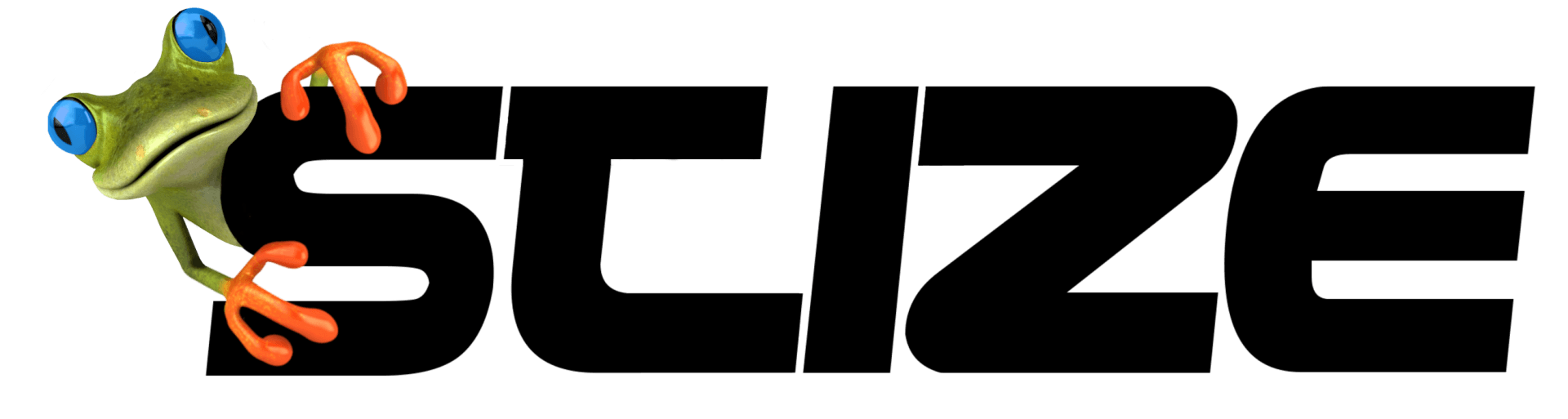 A frog is sitting on top of the word size