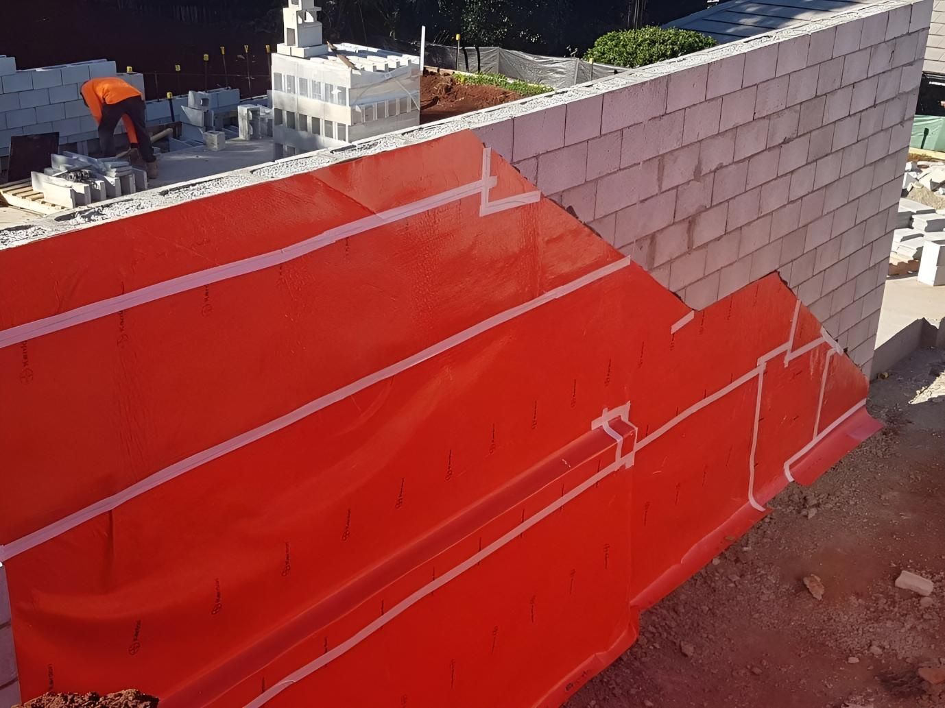 Brick Wall is Being Built With a Red Tarp Covering It — Keiran Mortimer Pest Control in Wilsonton, QLD