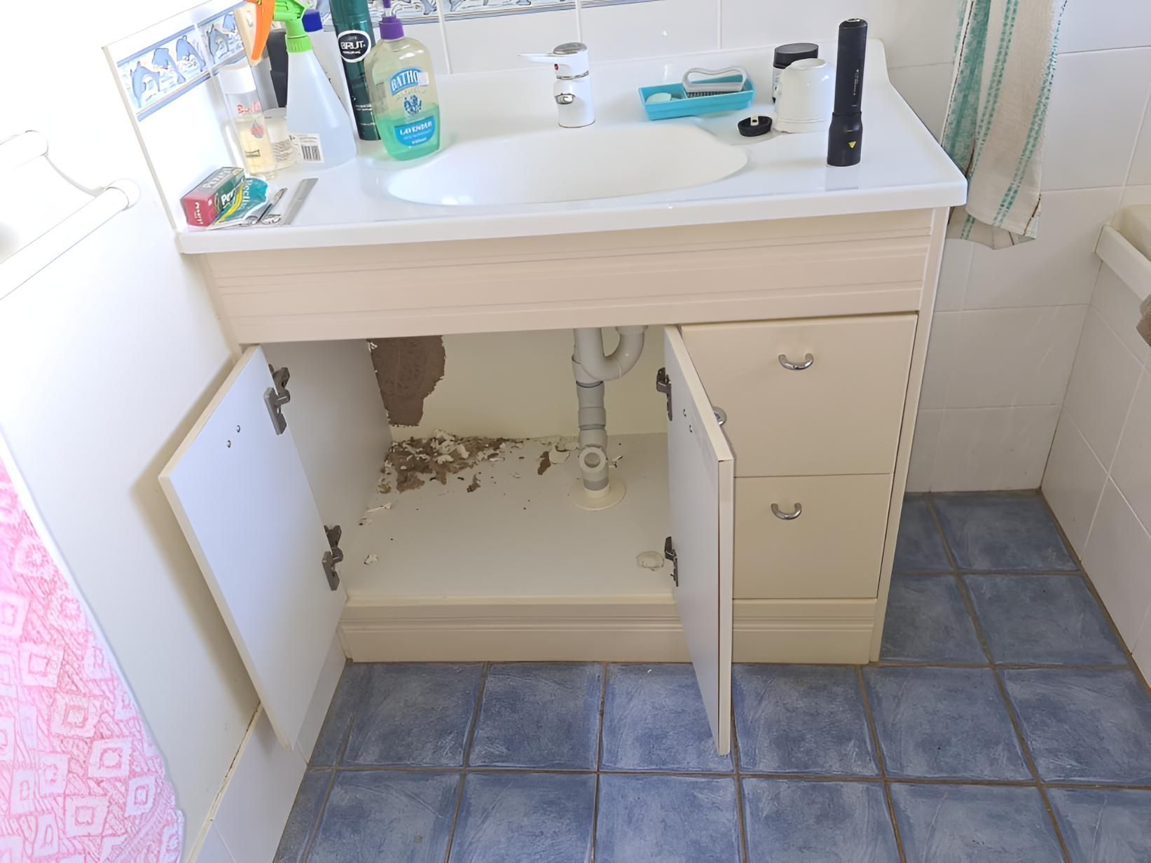 Damaged Bathroom Vanity — Keiran Mortimer Pest Control in Westbrook, QLD