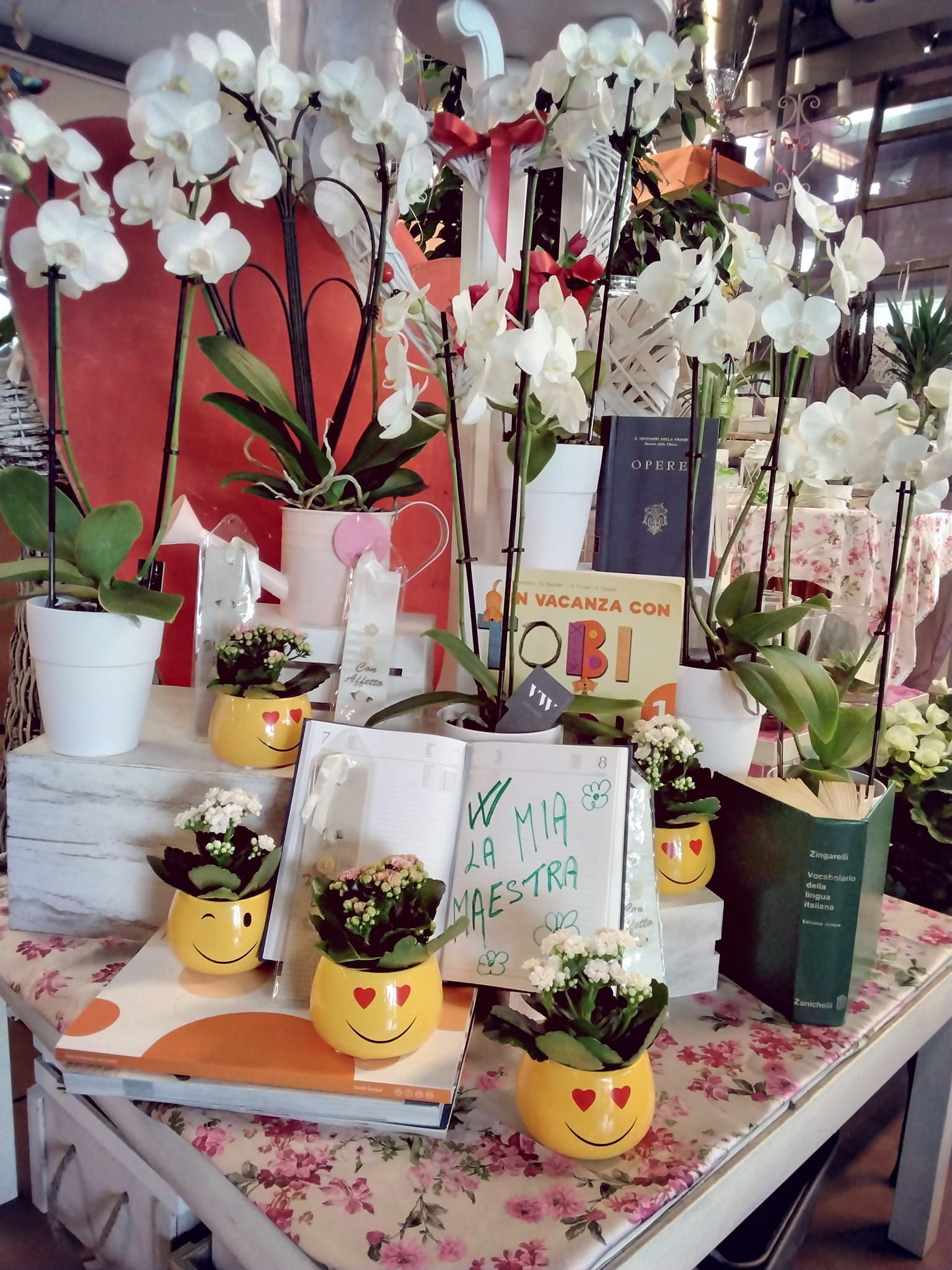 Un tavolo con piante in vaso e libri sopra