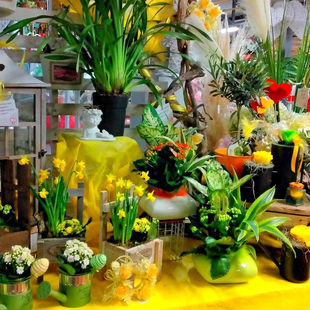 Un mazzo di piante in vaso e fiori su un tavolo