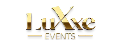 A gold logo for luxe events on a white background.