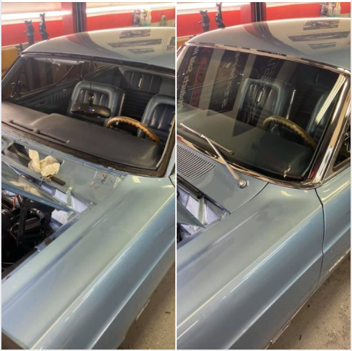 A before and after photo of a car with the hood open