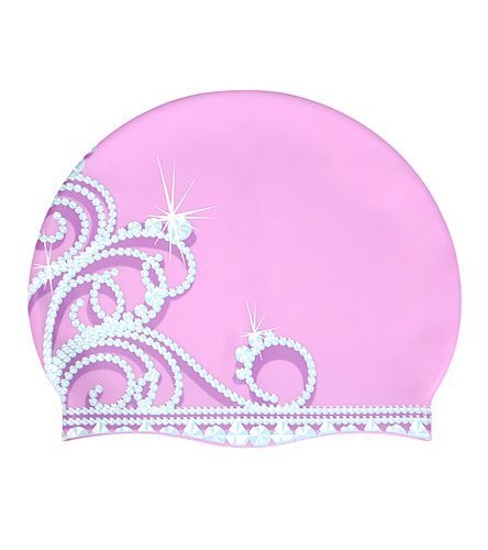 A pink swimming cap with a pattern of pearls and swirls on it.