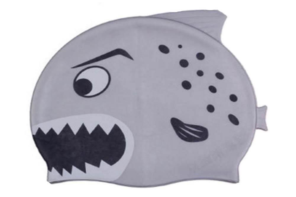 A swim cap with a shark face on it