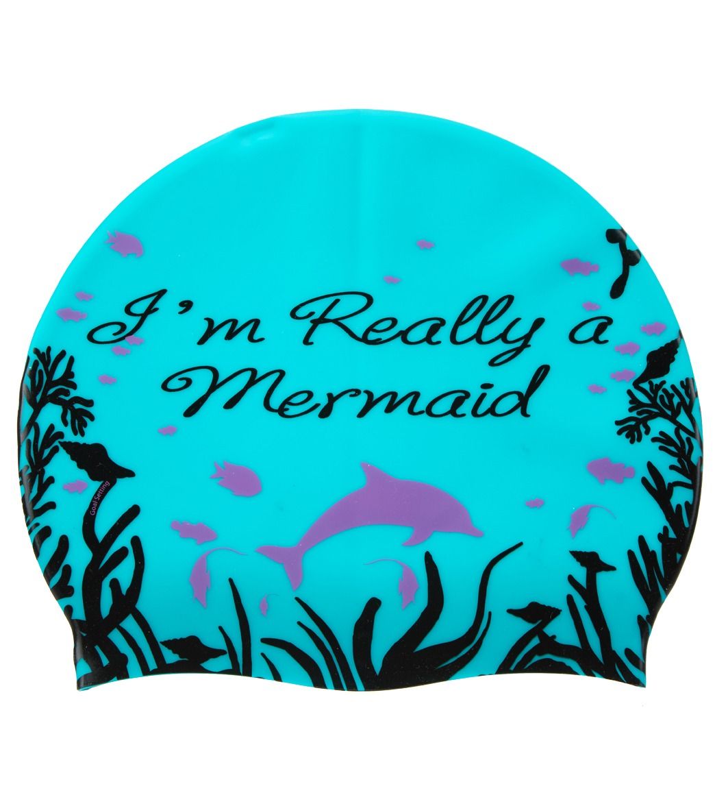 A blue swim cap that says i 'm really a mermaid