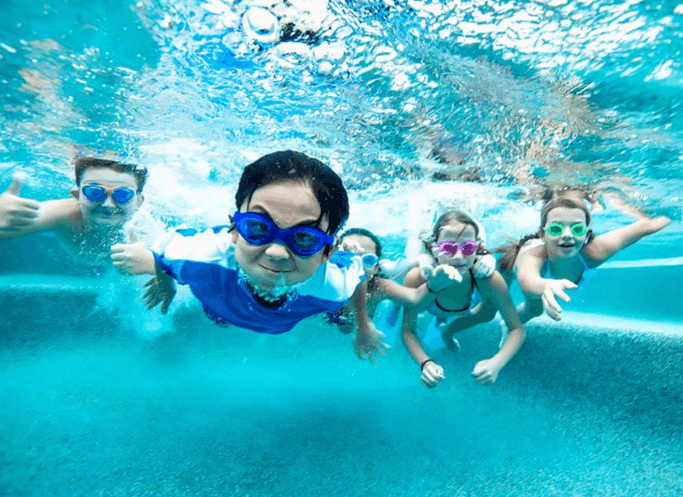 A group of children are swimming underwater in a pool.