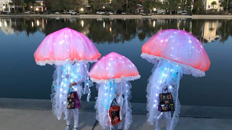 Three people dressed as jellyfish are standing next to a body of water.