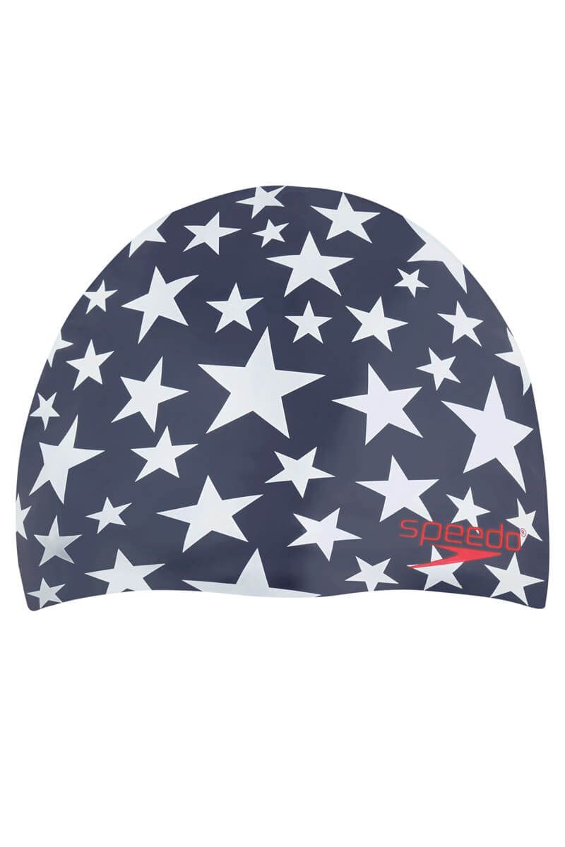 A speedo swim cap with white stars on it