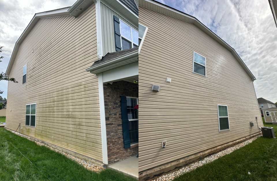 A picture of a house before and after being cleaned.