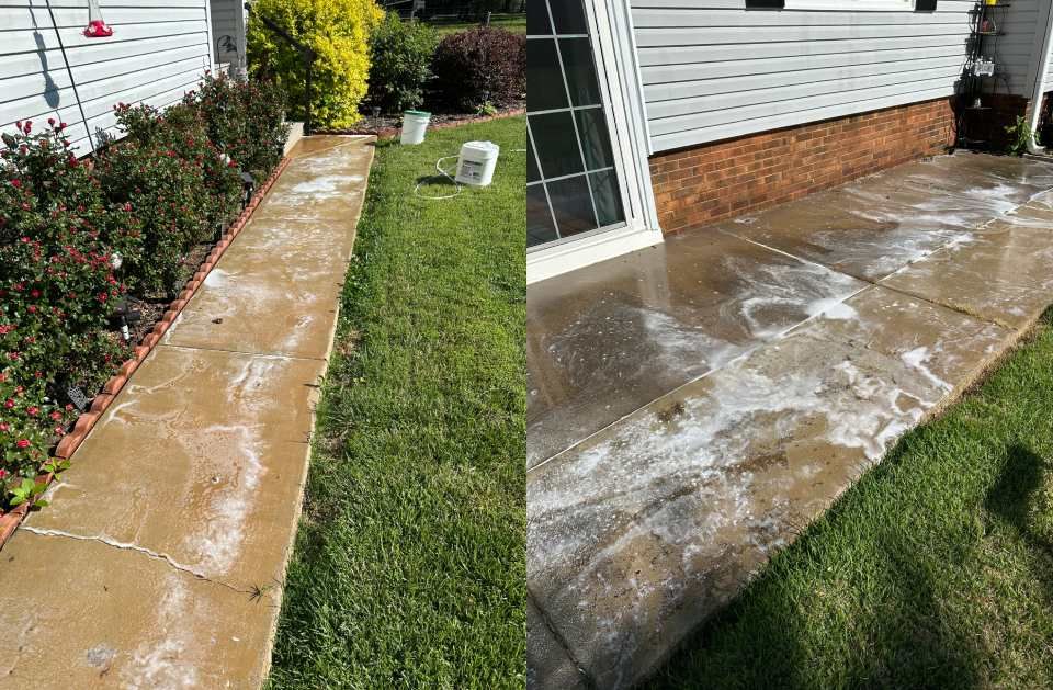 A before and after picture of a sidewalk in front of a house.