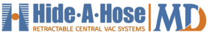 Logo for Hide-A-Hose MD, a central vacuum system. Blue and orange colors.
