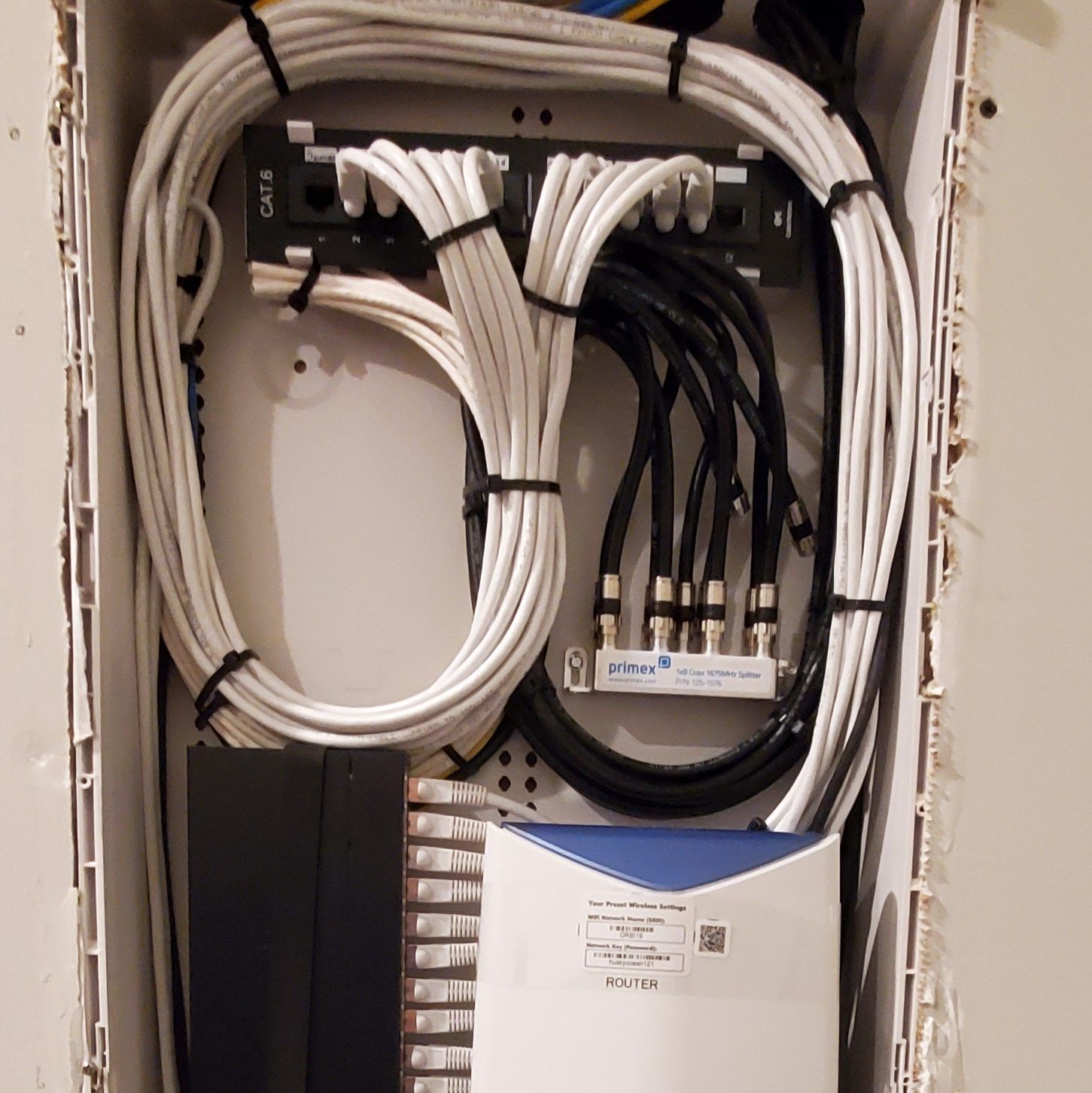 Network cables and splitters organized in a wall-mounted panel.