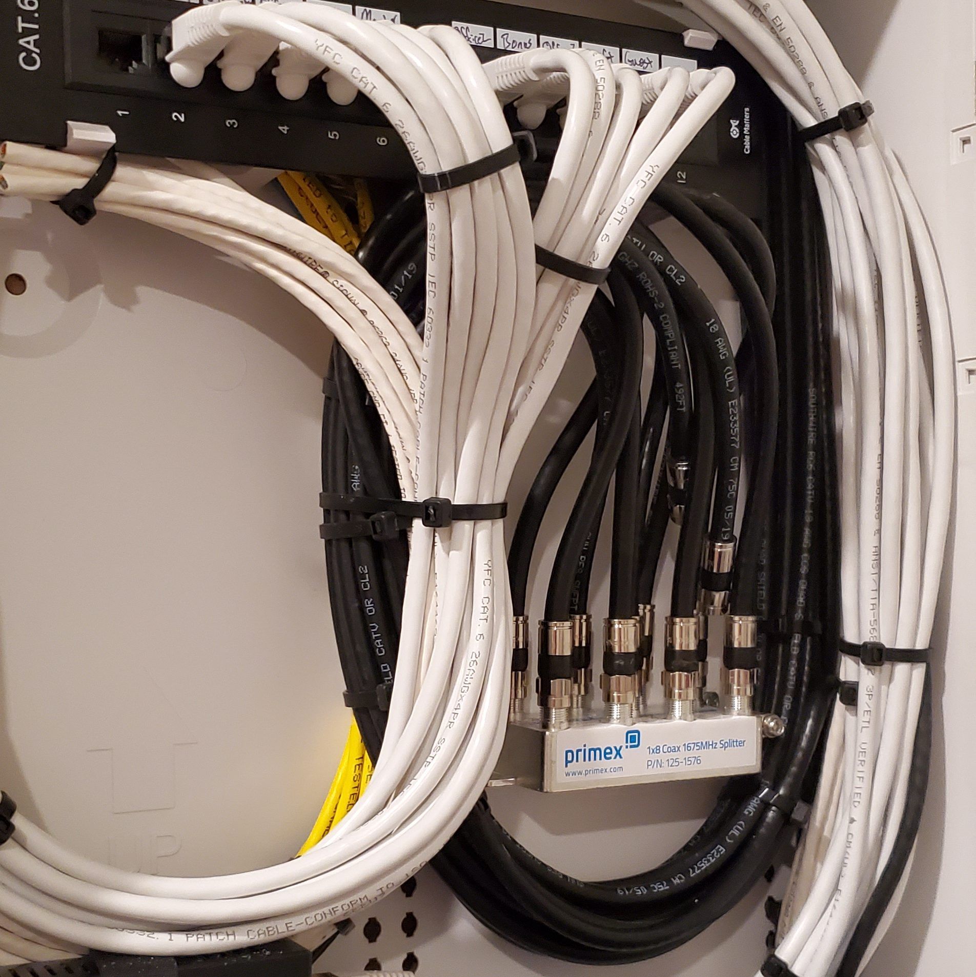 Close-up of a network panel with white and black cables, a splitter, and a patch panel. Cables are bundled with zip ties.