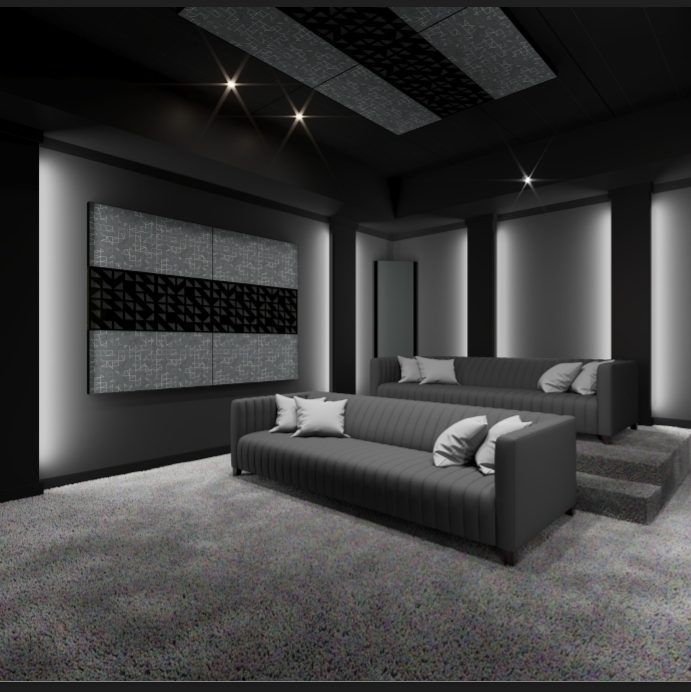 A modern, black-themed home theater with tiered seating, sound panels, and gray sofas.