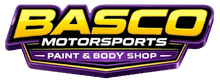 Logo for Basco Motorsports Paint & Body Shop, featuring yellow text on a purple, shield-shaped background.
