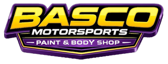 Logo for Basco Motorsports Paint & Body Shop, featuring yellow text on a purple, shield-shaped background.