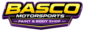 Logo for Basco Motorsports Paint & Body Shop, featuring yellow text on a purple, shield-shaped background.