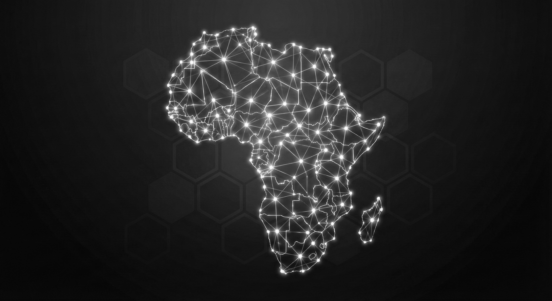 Outline of Africa in blue glowing dots and lines, on a dark blue hexagonal background.