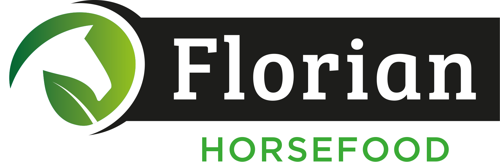 Een logo voor florian horsefood met een groen paard in een cirkel.