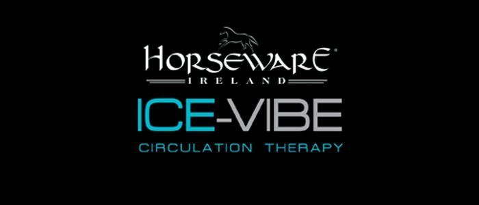 Het logo van Horseware Ice-Vibe Circulatietherapie staat op een zwarte achtergrond.