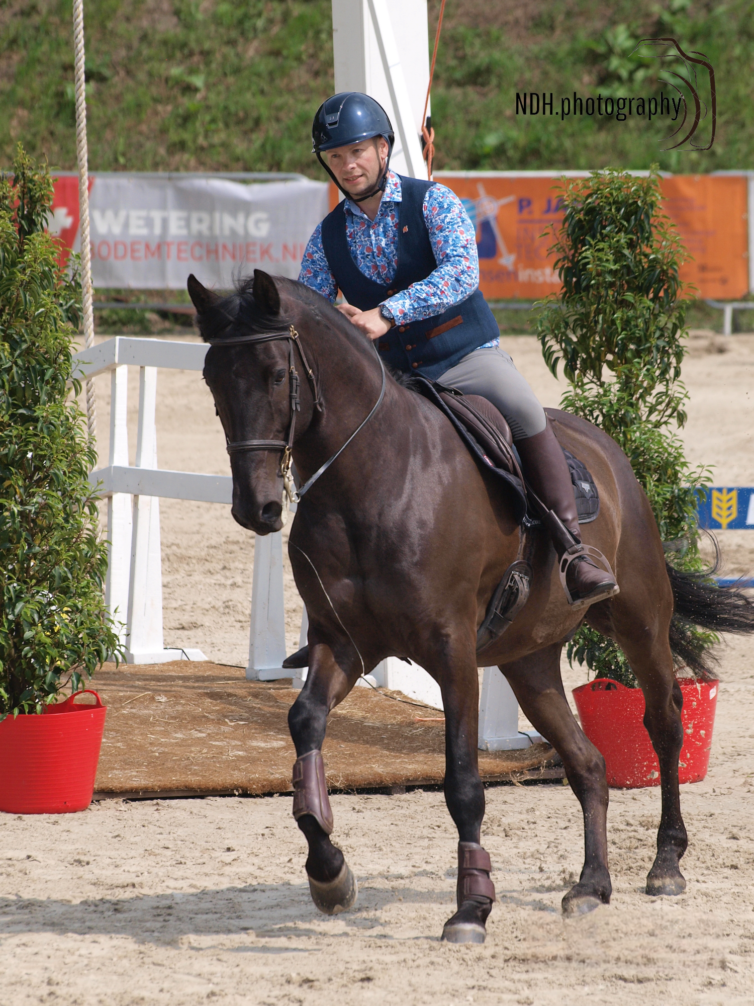 Een vrouw loopt met een wit paard over een pad.