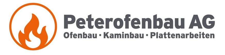 Logo der Peterofenbau AG, mit orangefarbenem Flammensymbol in einem Kreis, Text in Dunkelgrau.
