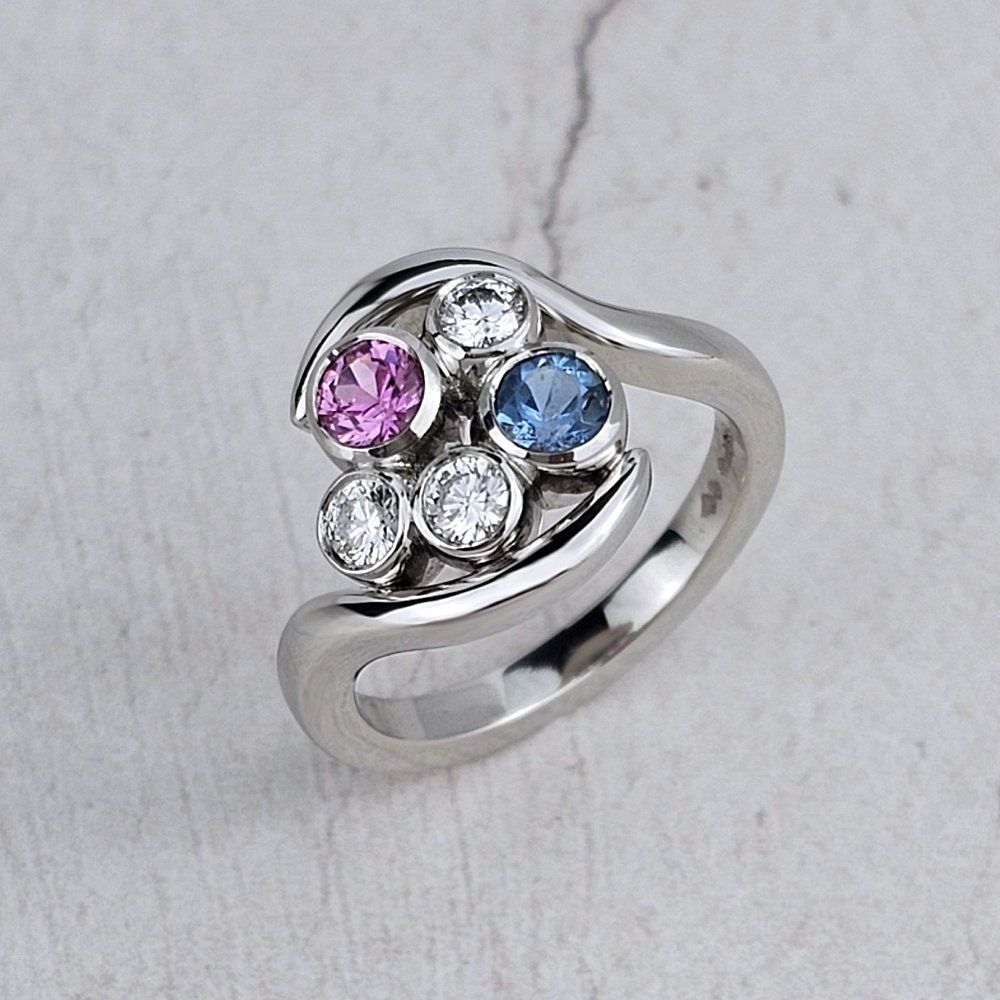 Bespoke dress ring with diamonds and coloured stones