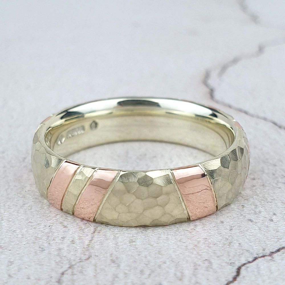 hammered 9ct white gold ring inlaid with red gold