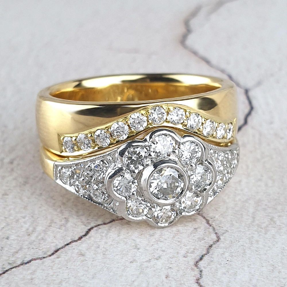 wide fitted yellow gold wedding ring  with diamonds
