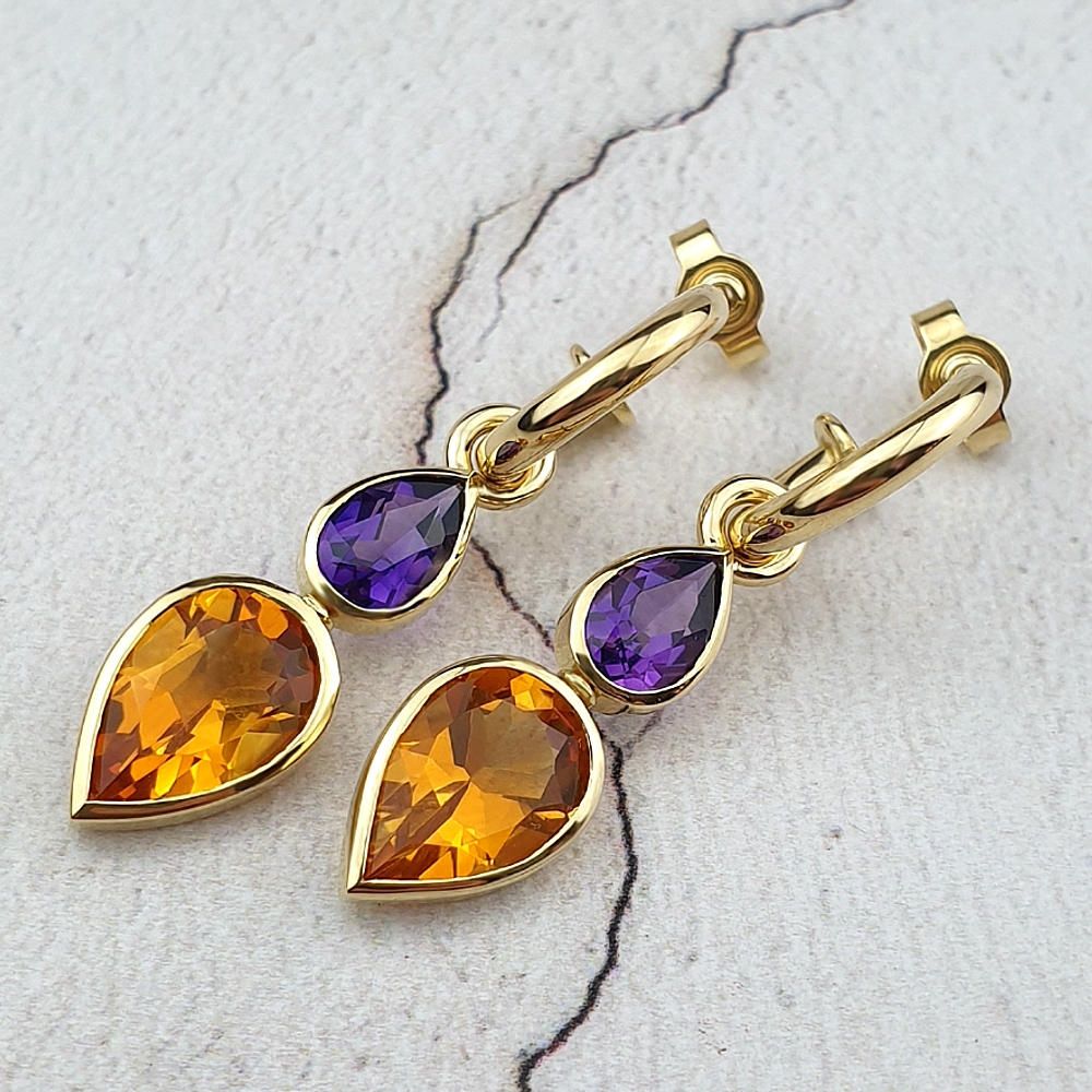Hoop earrings with citrine and amethyst attachments