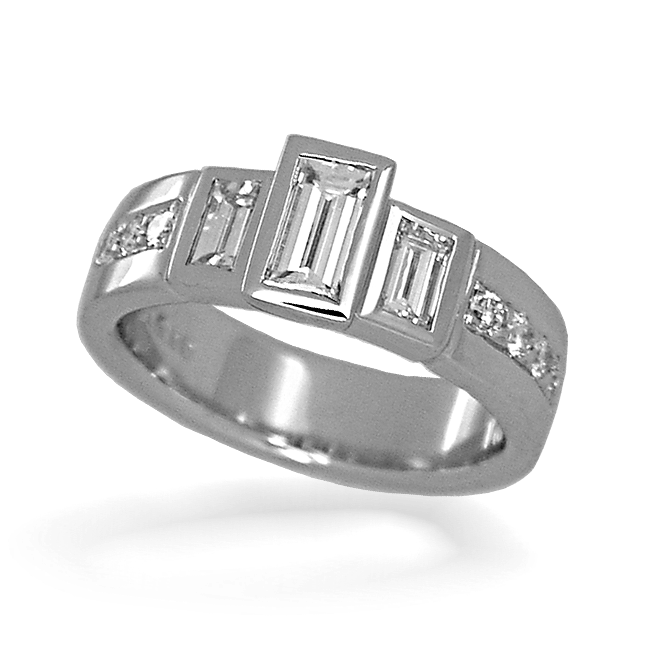 Contemporary engagement ring with three graduated baguette diamonds