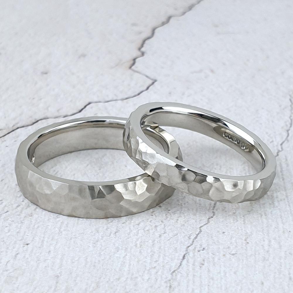 Platinum hammered wedding rings