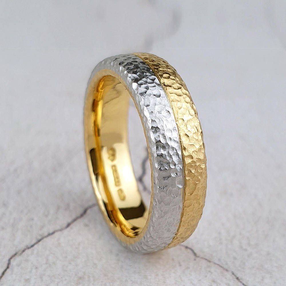 22ct gold and platinum court wedding ring with hammer texture