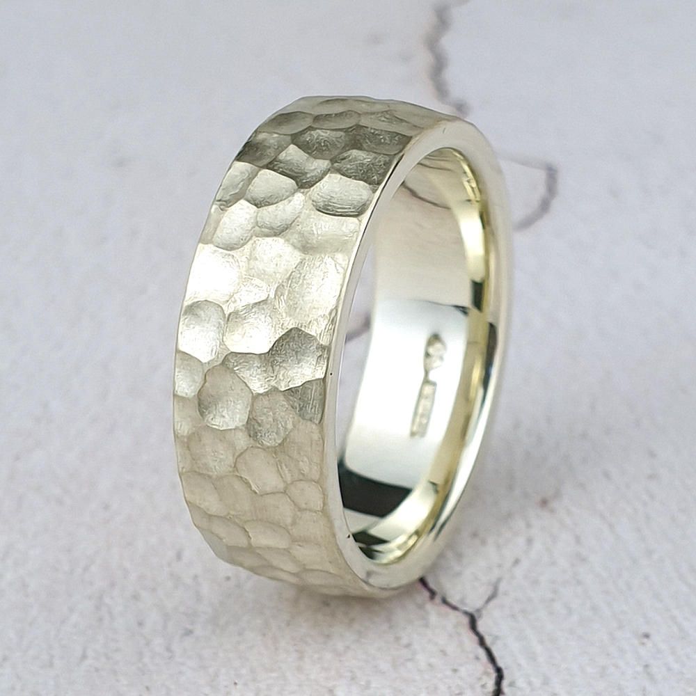 9ct white gold man's wedding band hammer-finished