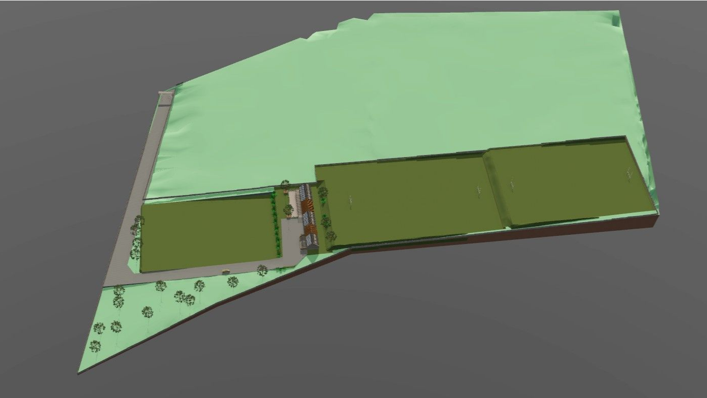 Representación 3D de un parque verde con árboles, senderos y campos deportivos sobre un fondo gris.