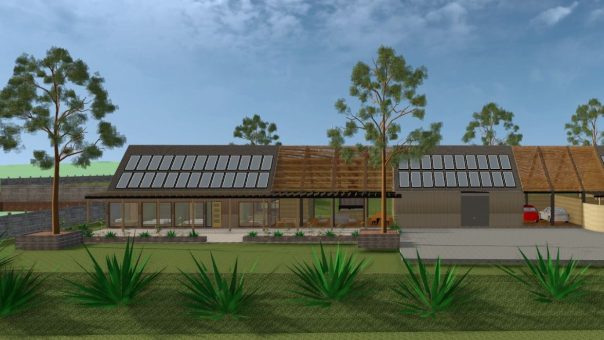 Edificio residencial con paneles solares en techo, árboles y césped verde.