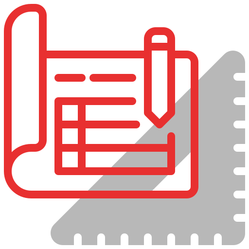 Plano rojo con lápiz y regla gris, probablemente para diseño o planificación.