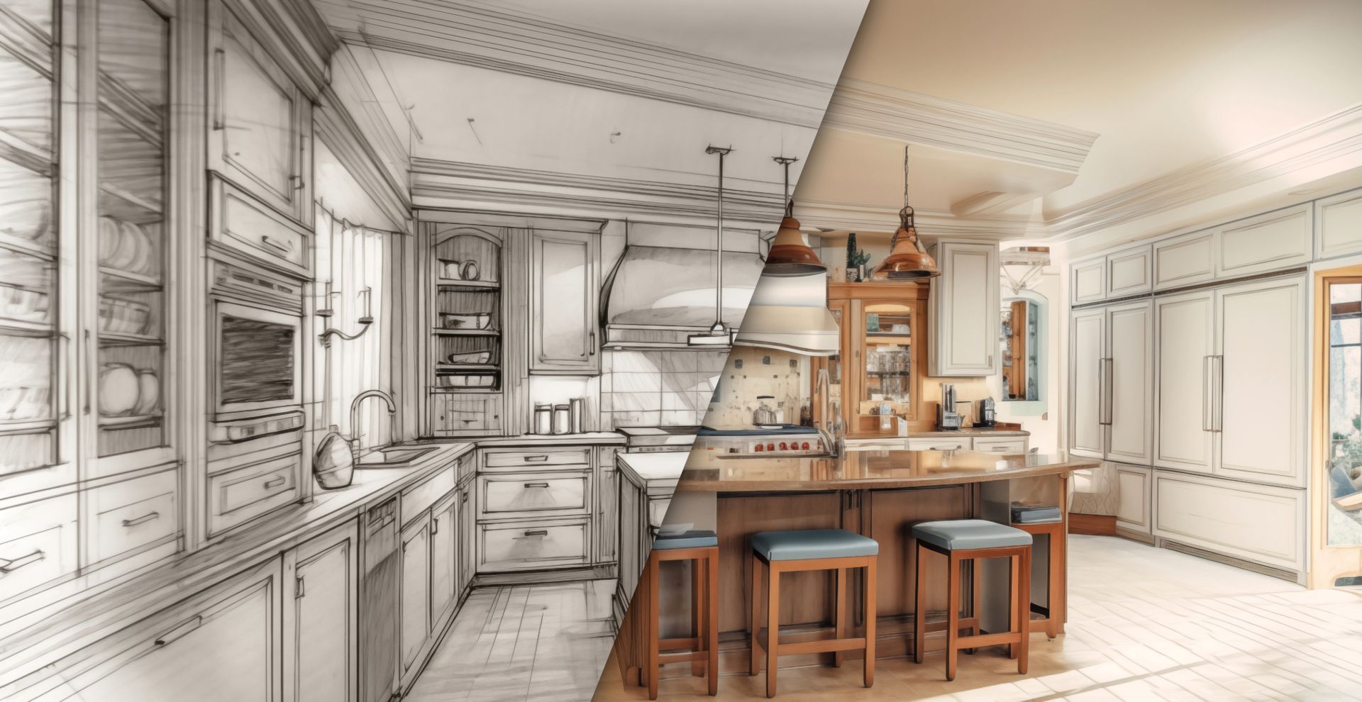 Kitchen design: Sketch shows layout, rendering displays finished space with island and cabinets.