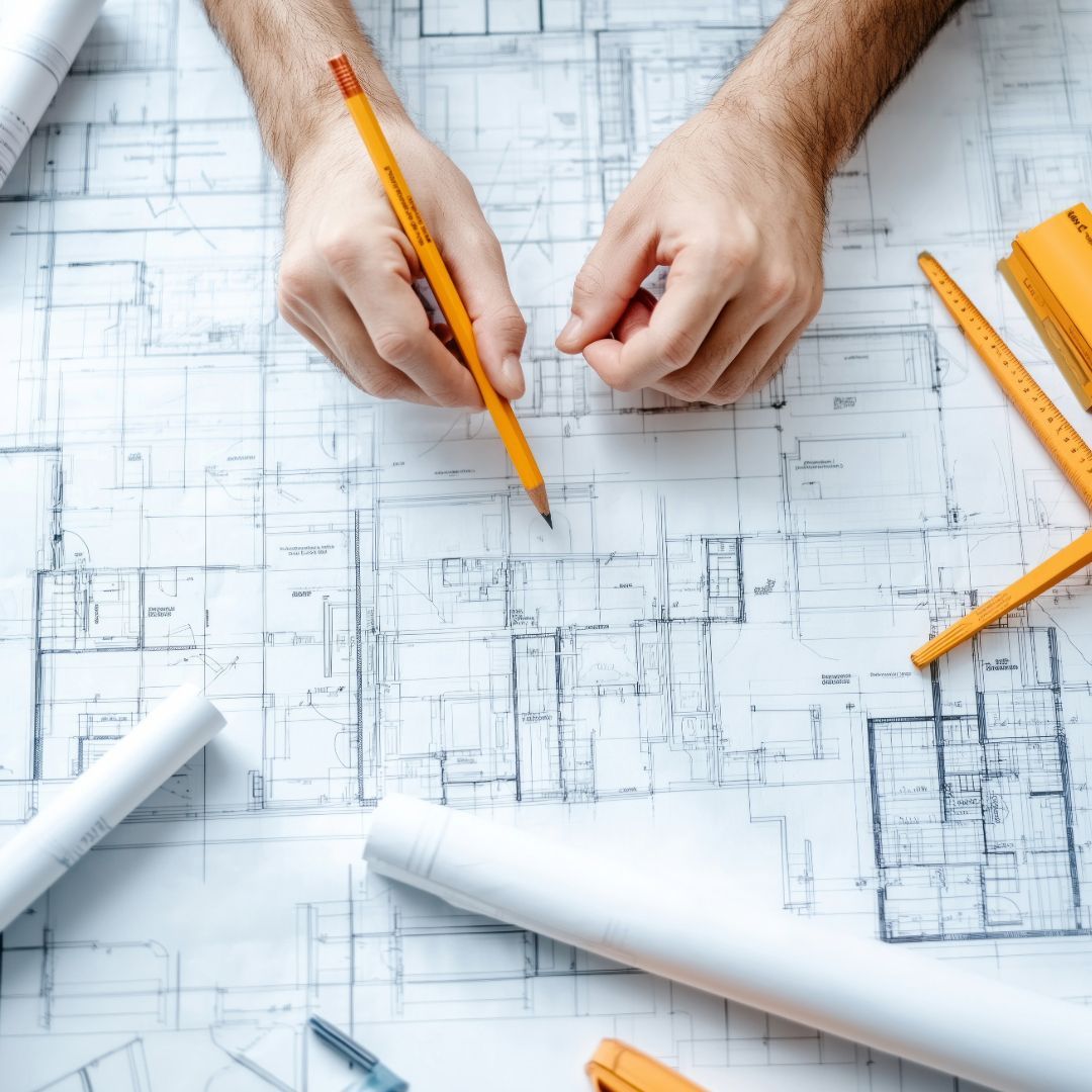 Hands holding pencil over blueprints, surrounded by rolled plans and drafting tools.