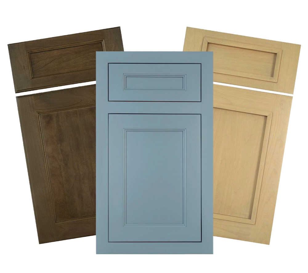 Three cabinet door samples: brown, blue, and light beige.