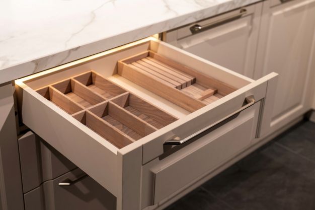 Open kitchen drawer with wooden utensil dividers; beige cabinets, marble countertop.