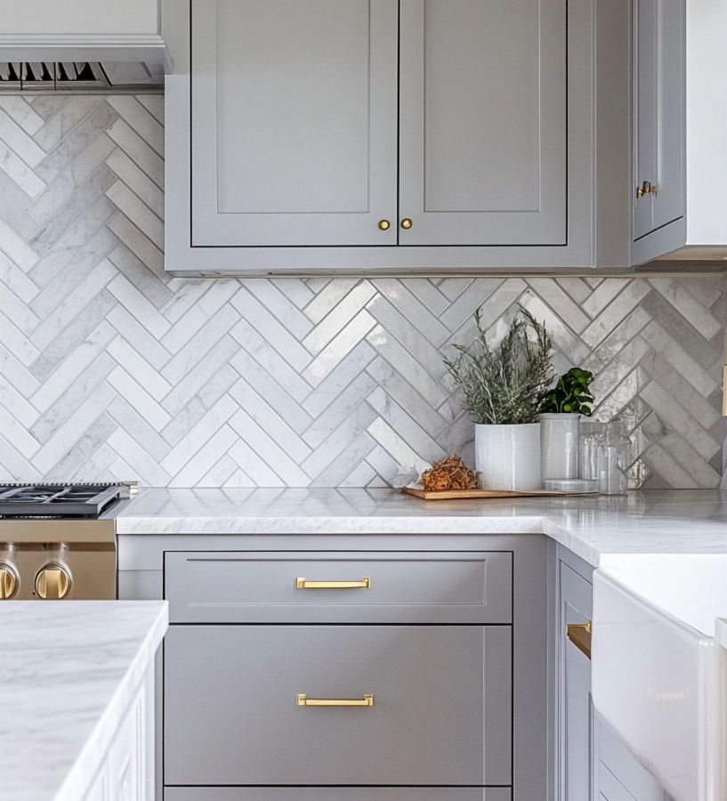 Gray kitchen cabinets and marble backsplash in a herringbone pattern.