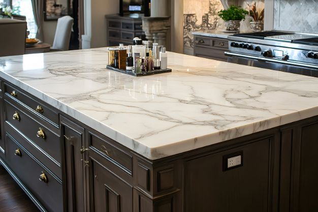 Marble countertop kitchen island with dark cabinets and gold hardware.