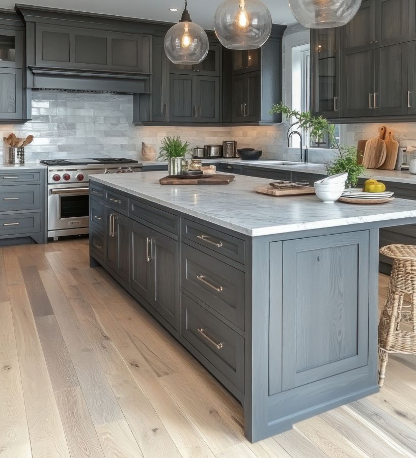 Gray kitchen with island, white countertop, gray cabinets, and light wood floor.