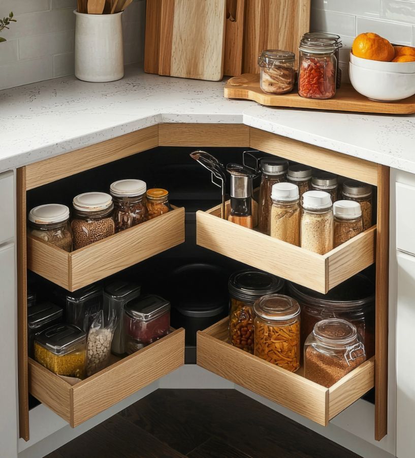 Corner kitchen cabinet with pull-out shelves holding jars of spices and ingredients. Wooden shelves, white countertops.