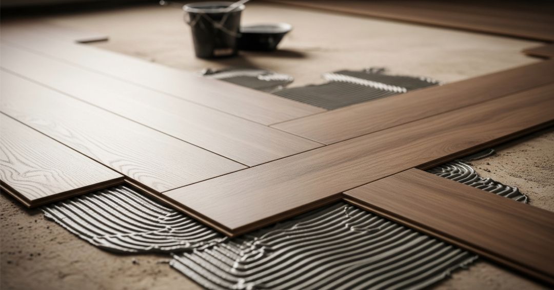 Installing wood flooring; planks over adhesive on a concrete floor, bucket of glue in background.