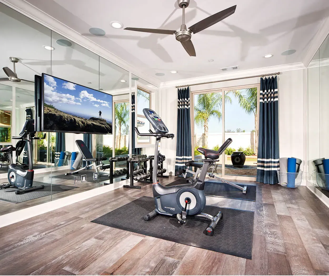 Home gym with exercise equipment, mirrored walls, a TV, and an outdoor view.